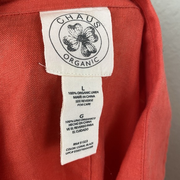 Chaus L Organic Linen Utility Shirt Belted Orange Boyfriend Coastal Lagenlook - Picture 4 of 5